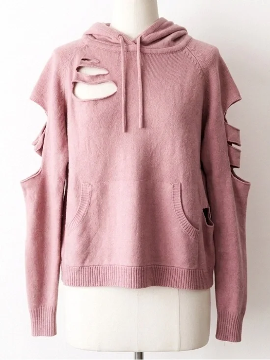 LOLA x LF Shredded Deconstructed Upcycled Knit Hoodie Sweater Dusty Rose Small - Picture 2 of 9
